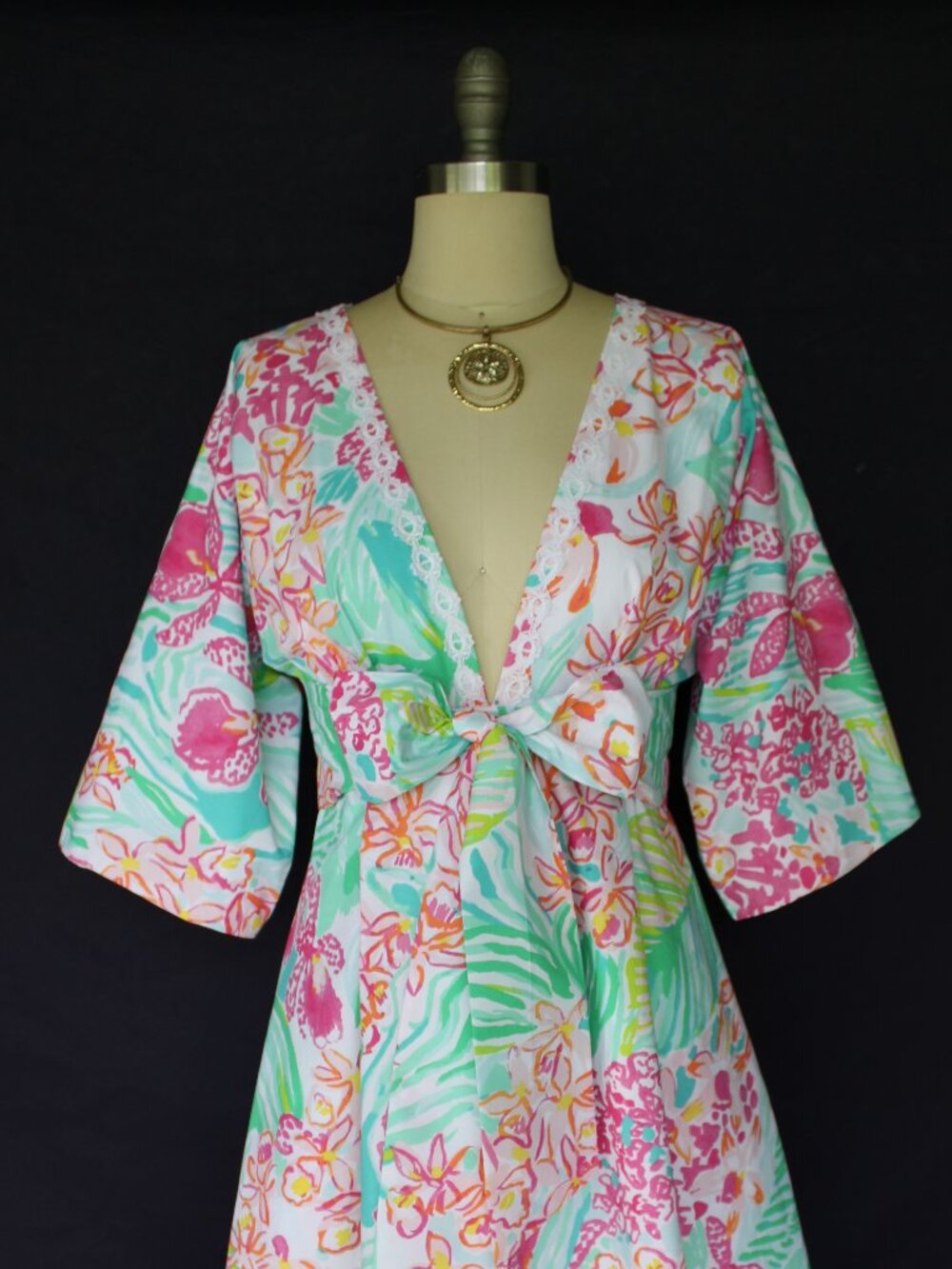 Lilly Pulizer Rare custom maxi dress gown ORCHID caftan tunic kimono Lace trim S - Picture 6 of 10